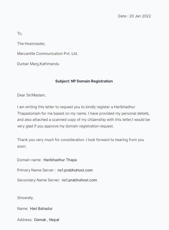 .np domain registration document example